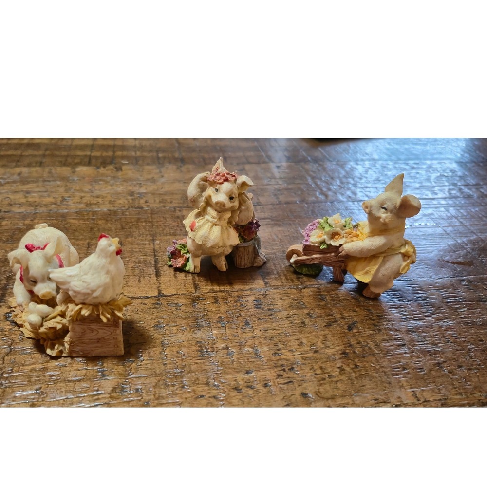 Vintage Resin Pig Figurines Lot of 3 Farm Animals Flowers Chicken Cottagecore